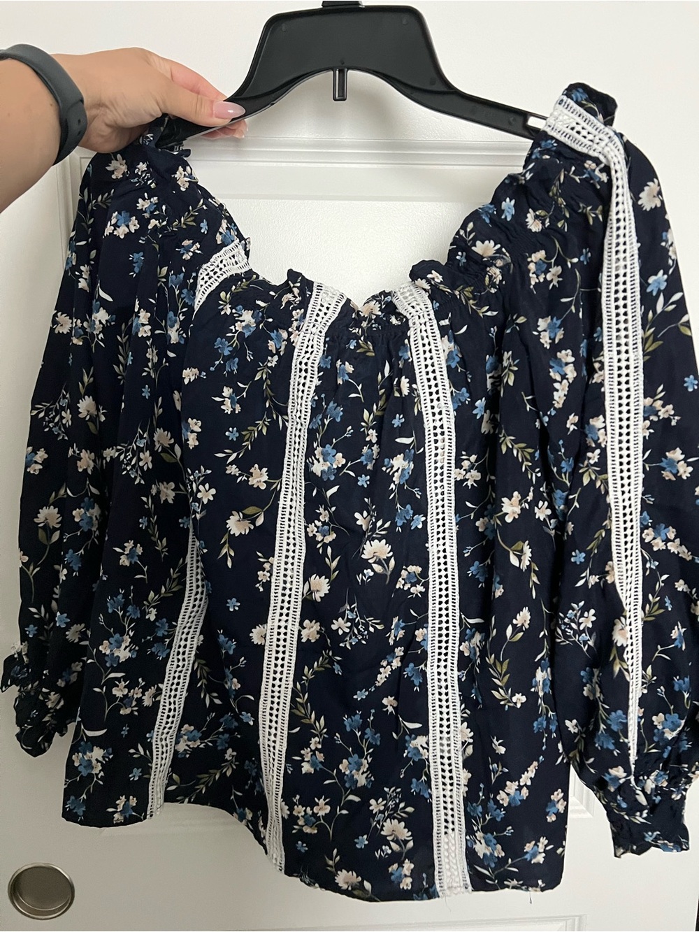 English Factory Navy Floral Off-Shoulder Blouse with White Lace
